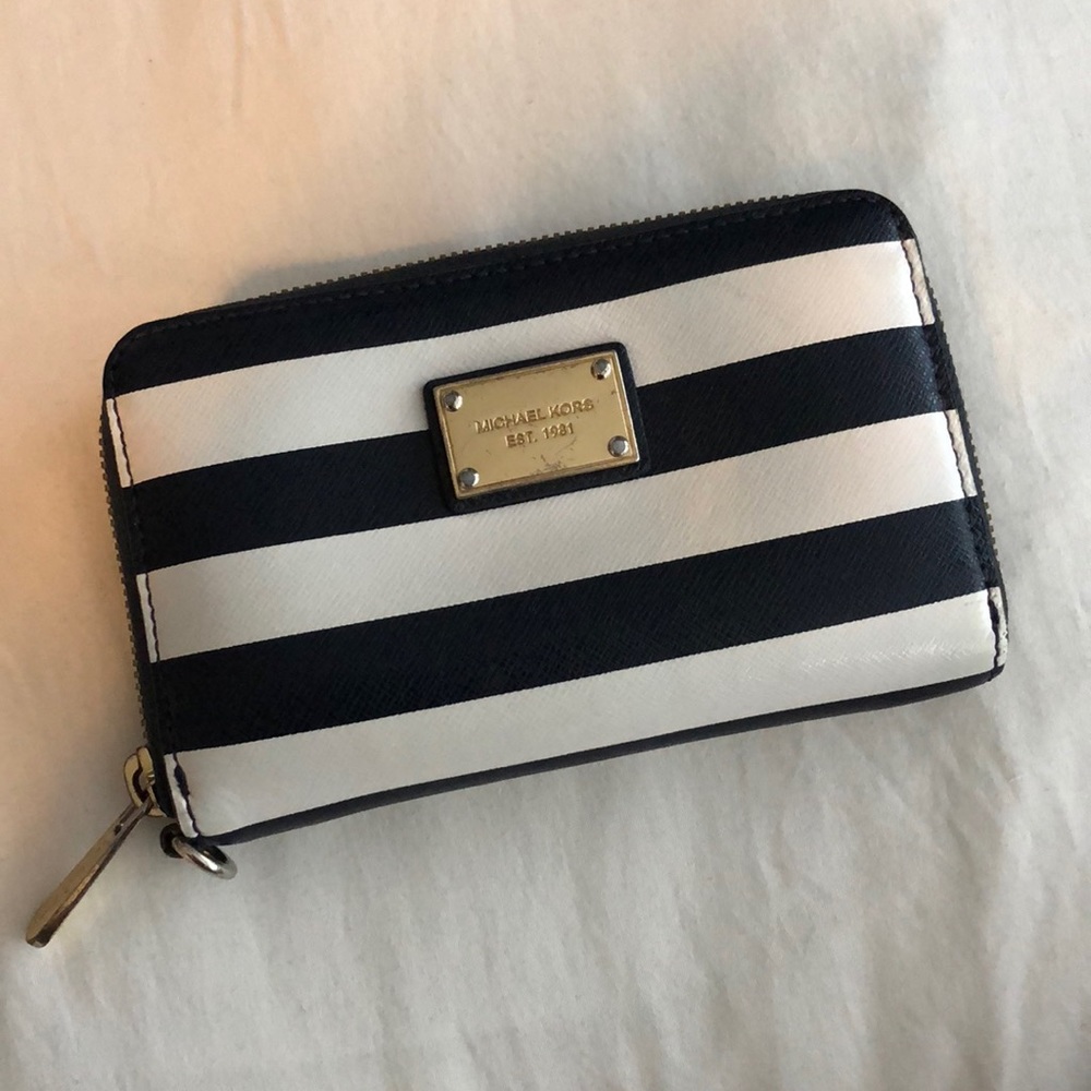 Navy/ white stripe Michael Kors compact zip wallet
